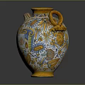 Decorative Vase With Yellow Blue Floral Patterns And Ornate Handle