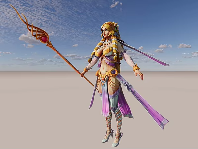 Game Movie Female Character In Gorgeous Outfit With Golden Ornaments Holding Staff Purple Ribbons 3d model