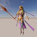 Game Movie Female Character In Gorgeous Outfit With Golden Ornaments Holding Staff Purple Ribbons
