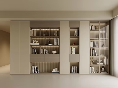 Modern Light Colored Built In Bookshelf Interior With Multiple Compartments And Decorative Items 3d model