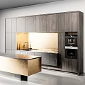 Sleek Dark Wooden Kitchen Cabinets With Golden Countertop And Built-in Appliances