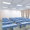 School Bright Classroom With Blue Desks Chairs Green Blackboard Windows Curtains And Ceiling Lights