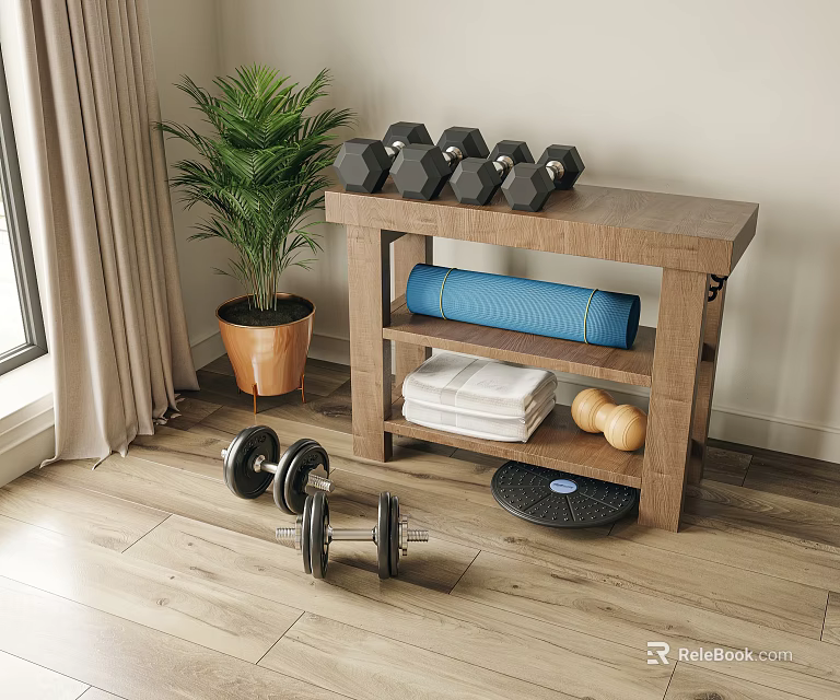 Home Fitness Equipment Including Dumbbells Yoga Mat Exercise Balls And Balance Trainer On Wooden Shelf 3d model 