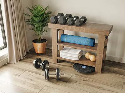 Home Fitness Equipment Including Dumbbells Yoga Mat Exercise Balls And Balance Trainer On Wooden Shelf 3d model