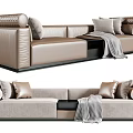 Comfortable Modern Beige Double Sofa With Soft Pillows And Plaid Blanket