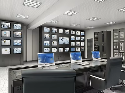 Monitoring Room with Multiple Monitor Screens Wall Computers and Office Desks Chairs 3d model