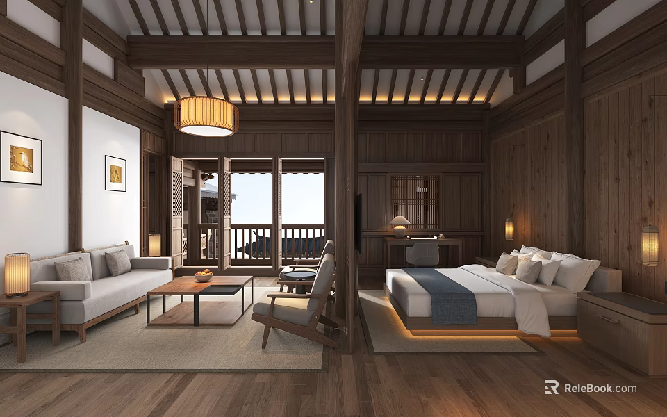 Traditional Chinese Hotel Guest Room Interior With Wooden Beams Sofa Bed And Balcony View 3d model 