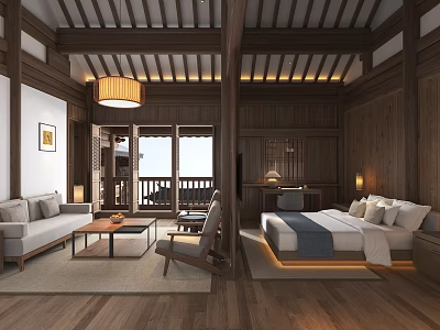 Traditional Chinese Hotel Guest Room Interior With Wooden Beams Sofa Bed And Balcony View 3d model