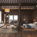 Traditional Chinese Hotel Guest Room Interior With Wooden Beams Sofa Bed And Balcony View
