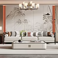New Chinese Living Room Interior With Landscape Painting Wall Chandelier Sofa And Coffee Table