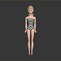 Woman in Black and White Striped Swimsuit with Blonde Hair and Black Heels