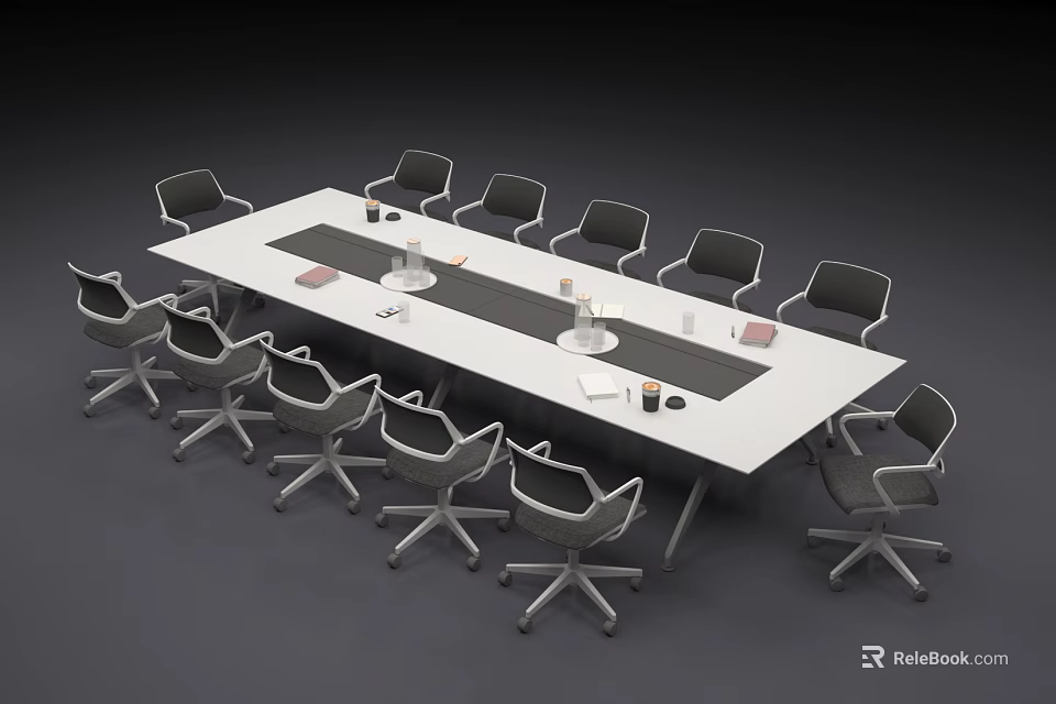 Modern Rectangular Conference Table With Surrounding Chairs And Stationery On Top 3d model
