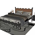 Double Bed with Scalloped Brown Headboard Black Frame Gray Bedding Nightstands on Black White Rug
