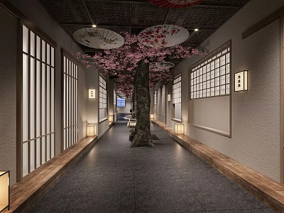 Japanese Style Hotel Corridor With Wooden Lattice Doors Decorative Umbrellas And Cherry Blossom Tree 3d model