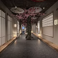 Japanese Style Hotel Corridor With Wooden Lattice Doors Decorative Umbrellas And Cherry Blossom Tree
