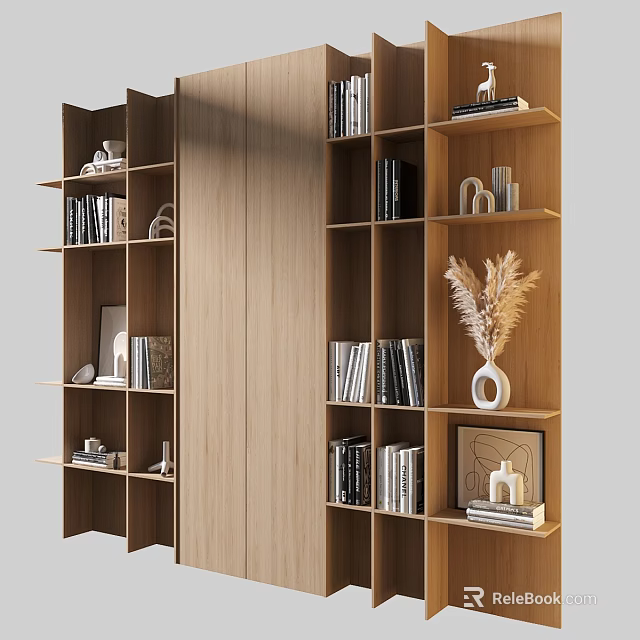 Modern Wooden Bookshelf With Books Decorative Items And Dried Plant Vase 3d model 