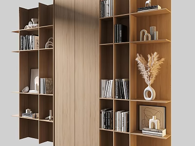 Modern Wooden Bookshelf With Books Decorative Items And Dried Plant Vase 3d model