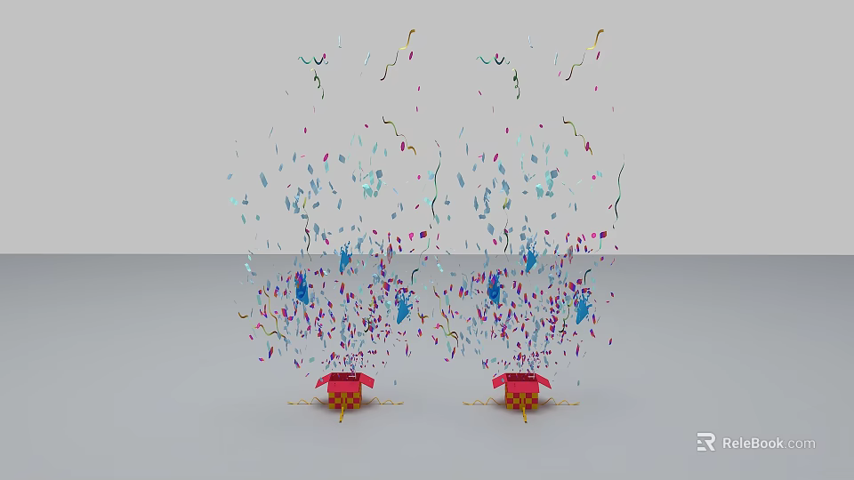 Red Art Installations With Colorful Streamers And Confetti Falling From Above 3d model 