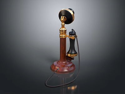 Vintage Telephone With Wooden Base Gold Accents Black Handset And Coiled Cable 3d model