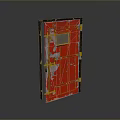 Red Distressed Door With Peeling Paint And Metal Grid Panel Detail