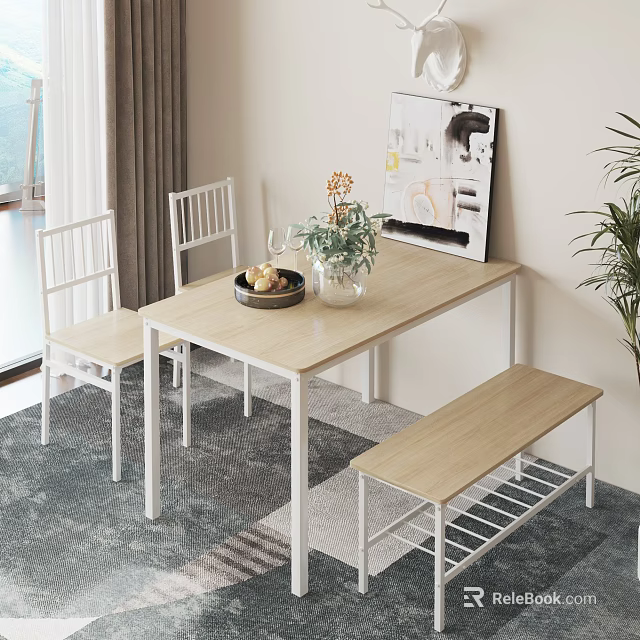 Light Wood Dining Table Set With Chairs Bench Fruit Bowl Vase And Decorative Painting 3d model 