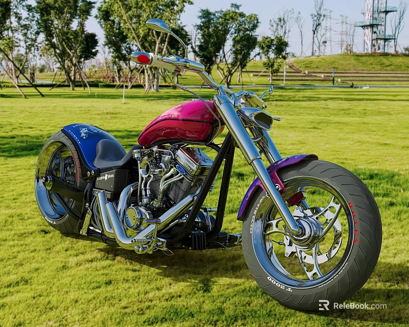 Stylish Pink And Blue Custom Motorcycle Parked In Green Grass Field With Trees 3d model 