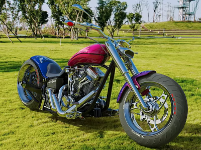 Stylish Pink And Blue Custom Motorcycle Parked In Green Grass Field With Trees 3d model