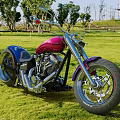 Stylish Pink And Blue Custom Motorcycle Parked In Green Grass Field With Trees