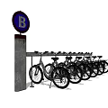 Outdoor Bicycle Parking Rack with Neatly Parked Bikes and Circular B Sign