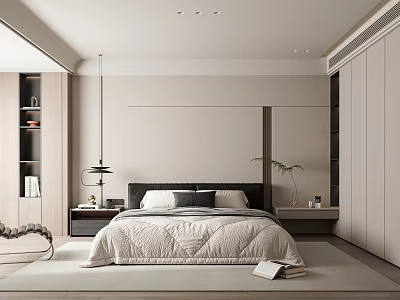 Modern Minimalist Bedroom Interior With Platform Bed Pendant Light And Potted Plant 3d model