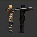 Golden Armored Female Character And Black Armored Creature With Weapon Shield In Confrontation Pose