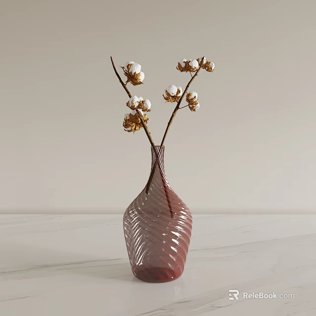 Red Wavy Patterned Glass Vase with Cotton Branches on White Marble Countertop Home Decor 3d model 