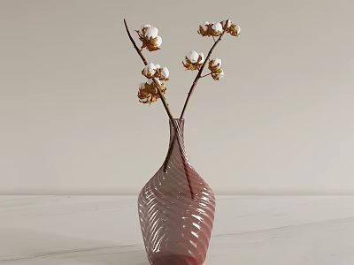 Red Wavy Patterned Glass Vase with Cotton Branches on White Marble Countertop Home Decor 3d model