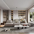 Modern Living Dining Room Interior With Open Design Sofa Armchair Coffee Table And Bookshelf