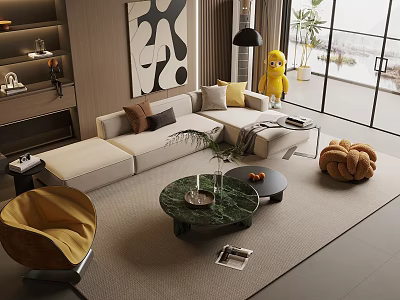 Modern Sofa And Coffee Table Set With Marble Top Green Plant Throw Pillows And Area Rug 3d model