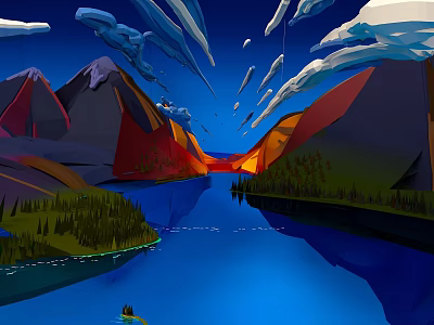 Mountain Range River Valley With Blue Sky Clouds And Green Trees Boat 3d model
