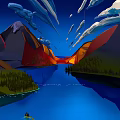 Mountain Range River Valley With Blue Sky Clouds And Green Trees Boat