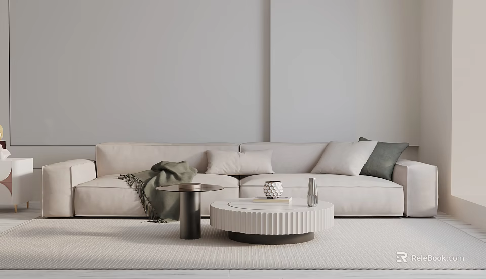 Modern Cream Colored Three Seater Sofa With Throw Pillows Blanket And Coffee Table 3d model