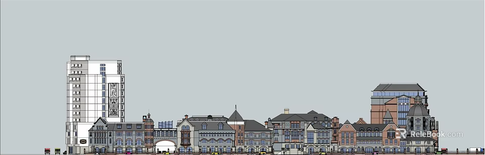 European Style Commercial Street Featuring Multi Story Buildings Arched Windows And Storefronts 3d model 