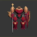 Red And Gold Armored Warrior Robot With Sword Shield Standing On Reflective Surface 3d model