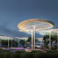 Illuminated Circular Pergola Structure With Greenery And Seating In Evening Park 3d model