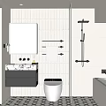 Modern Bathroom Interior With White Tiled Walls Black Vanity Marble Countertop And Geometric Floor Tiles