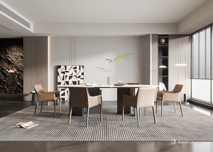 Modern Elegant Restaurant Interior Featuring Dining Table Chairs Area Rug Artwork Green Plant And Window 3d model 
