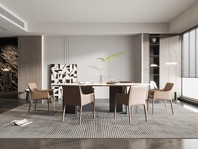 Modern Elegant Restaurant Interior Featuring Dining Table Chairs Area Rug Artwork Green Plant And Window 3d model