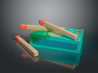 Colorful Wooden Matches With Orange Tips And Green Patterned Matchbox 3d model