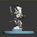 Detailed 3D Robot Character With Multiple Limbs Holding Sword On Blue Base