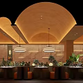 Warm Restaurant Interior With Hanging Pendant Lights Round Tables Green Plants And Curved Seating