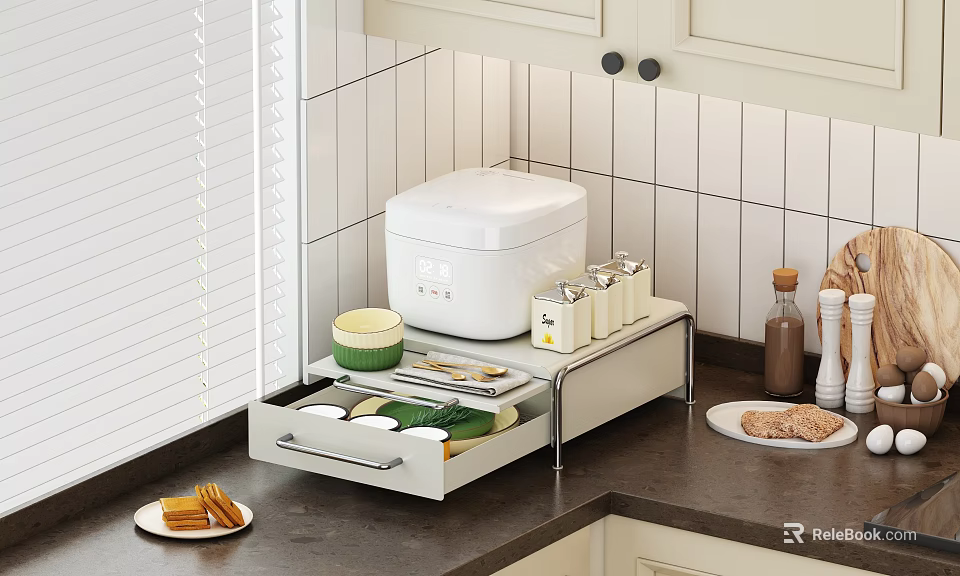 Organized Kitchen With Drawer Organizer Rice Cooker Spice Containers Light Cabinets And White Tiled Wall 3d model 