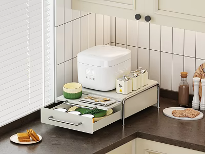 Organized Kitchen With Drawer Organizer Rice Cooker Spice Containers Light Cabinets And White Tiled Wall 3d model