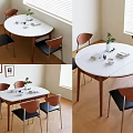 White Round Tabletop Dining Table Set with Wooden Legs Four Brown Backrest Black Seat Chairs